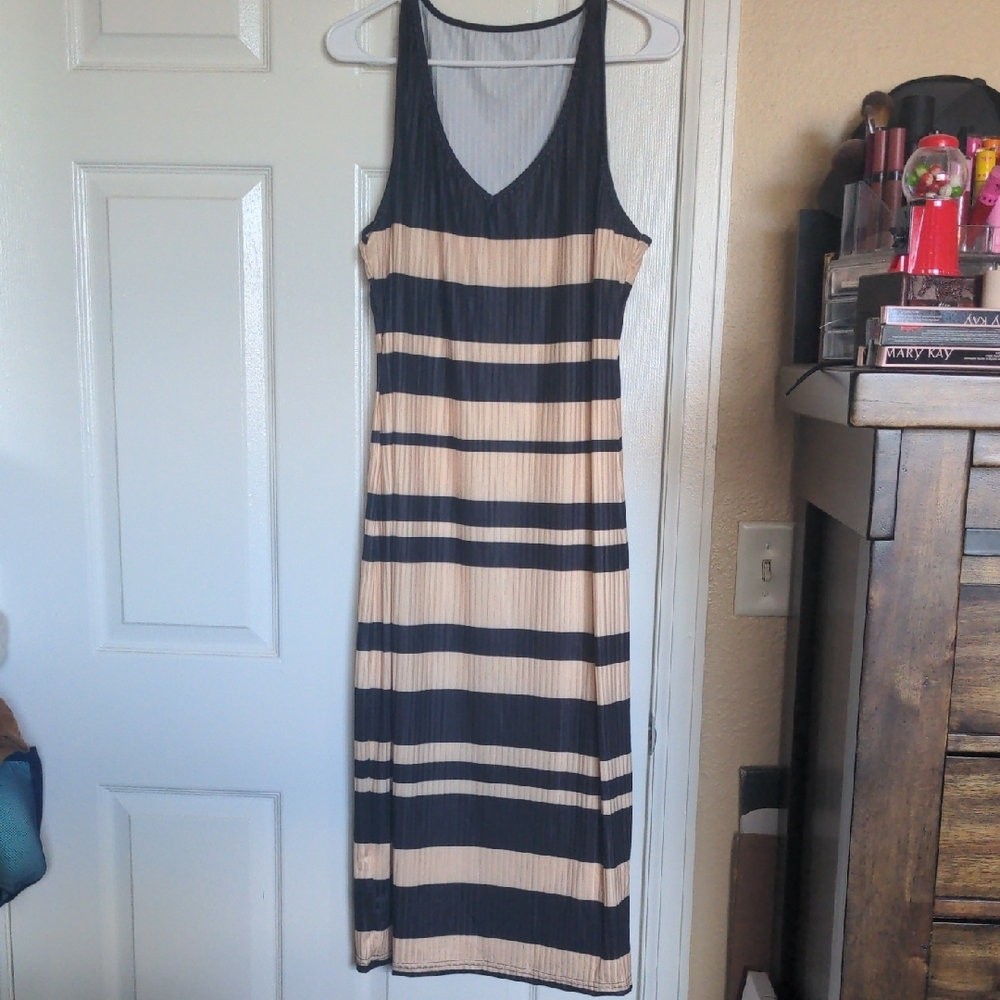 Elegant Black and Cream Striped Dress